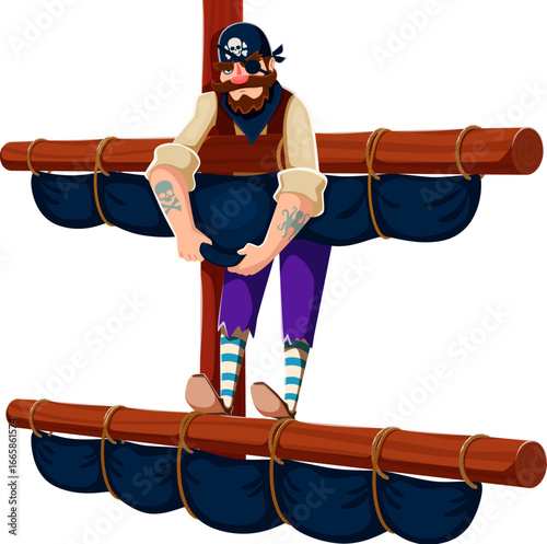 Cartoon pirate sand corsair watchman ship crew character climbing ship mast rigging with tied sails and ropes. Vector bearded sailor lookout personage leaning on wooden yardarm ready for sea adventure