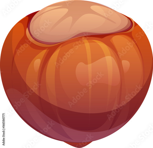 Cartoon raw ripe hazelnut nut in hard shell. Isolated vector whole seed with textured, woody brown peel. Natural edible forest kernel, rich in healthy fats, protein, used in desserts and snacks