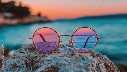 Round sunglasses resting on a rock, reflecting a vibrant sunset over the ocean