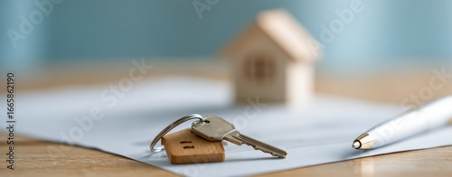 The house keys on contract paper with miniature wooden house and silver pen