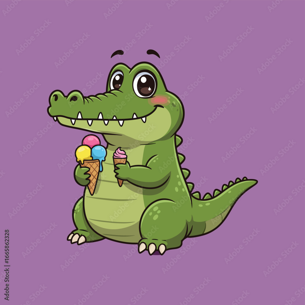 Fototapeta premium Cute Cartoon Crocodile Eating Ice Cream Vector illustration