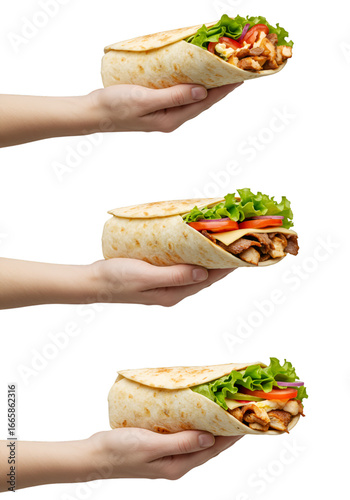 Photo of Hands Holding Appetizing Burrito with Chicken and Fresh Vegetables