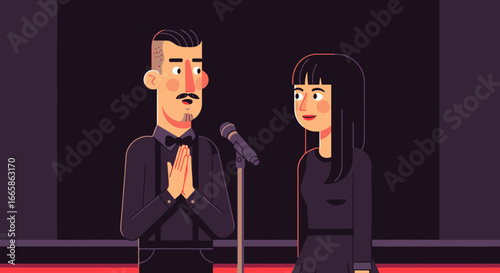 Animated Scene of Male and Female Performers on Stage During a Live Performance or Comedy Show, Featuring Microphone and Stage Lighting, Capturing Entertainment, Arts, and Cultural Events for