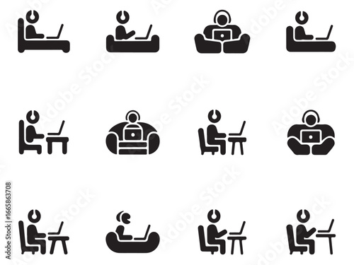set displays diverse postures and settings for remote work or study, Various Ways to Work or Study from Home