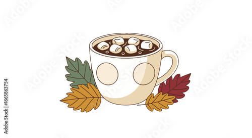 Cozy Autumn Coffee Mug Filled with Hot Chocolate and Marshmallows, Surrounded by Colorful Fall Leaves, Perfect for Fall Season Warm Beverages, Seasonal Coffee Breaks, and Autumnal Atmosphere