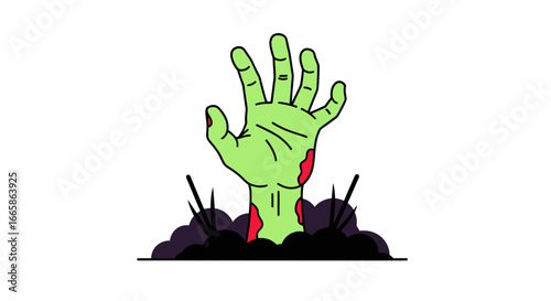 Creepy Zombie Hand Emerging from Soil in a Dark, Spooky Cartoon Style, Creating a Chilling Atmosphere for Horror or Halloween-Themed Projects