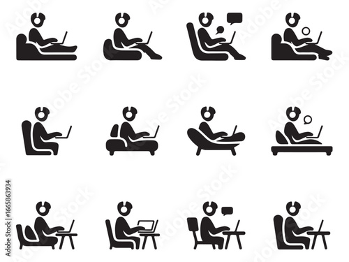 Various work-from-home postures with laptops and headphones, Collection of black and white silhouette icons depicting people working from home in different postures.