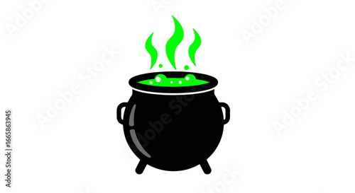 Cute Cartoon Cauldron with Green Bubbling Potion for Halloween or Magic Spell Theme, Perfect for Seasonal Celebrations, Fantasy Games, and Magical Events, Studio Illustration