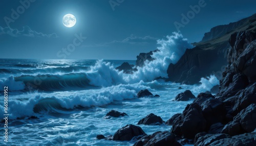  Ocean s Embrace in Darkness Sapphire Waves Crash Against Jagged Rocks Under the Pale Glimmer of the Moon, Conveying Power and