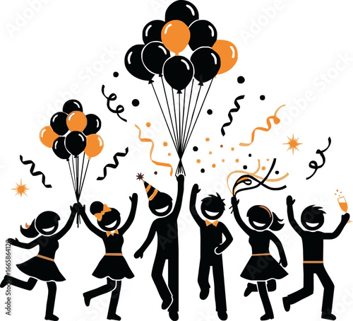 Joyful group of people celebrating a party with balloons and confetti in the air.