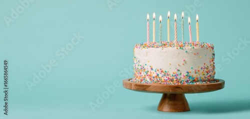 The cake with colorful sprinkles and lit candles on a wooden pedestal