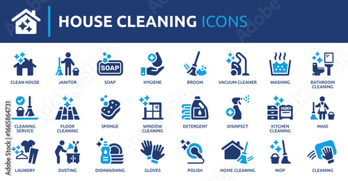 House cleaning icon set. Containing washing, broom, soap, maid, laundry, home cleaning, sponge, vacuum cleaner, mop and more. Solid vector icons collection.