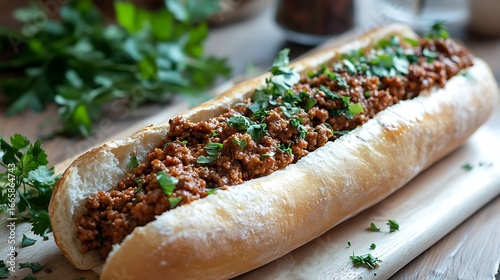 Baguette stuffed with bolognese ragout of minced meat