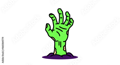 Illustration of a Green Hand Emerging from Dark Purple Ground, Symbolizing Growth, Renewal, and Creativity, Suitable for Education and Environmental Campaigns, with a Modern Cartoon Style