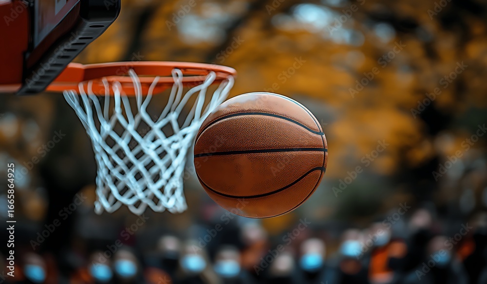 Fototapeta premium Basketball mid air about to go through hoop with blurred crowd background sport game