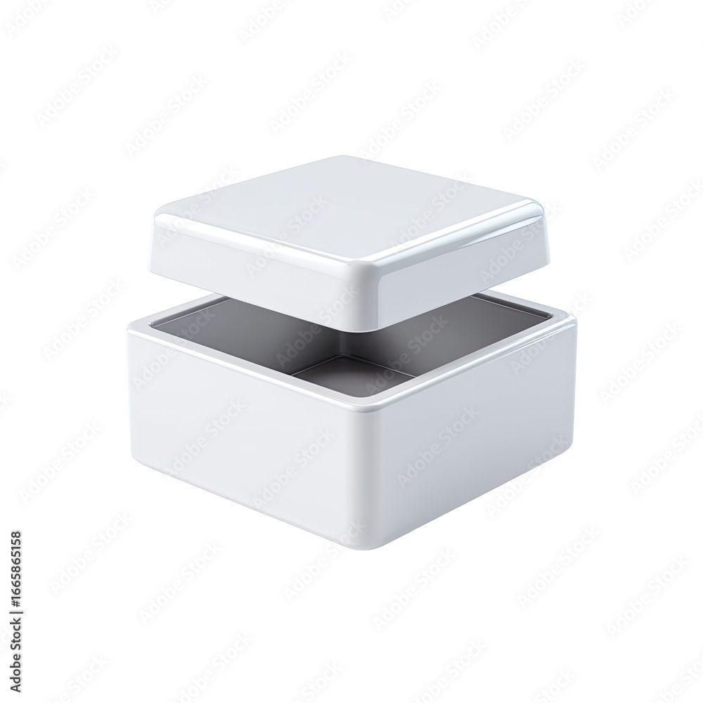 Fototapeta premium White open square box with lid slightly ajar against black background