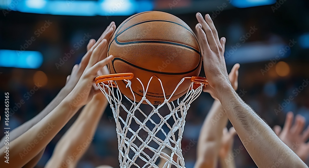 Fototapeta premium Basketball players hands reaching for ball in hoop during game sport