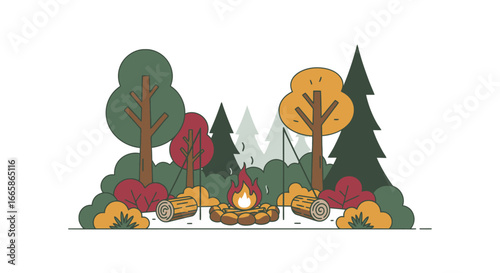 Vibrant Outdoor Campfire Scene in a Forest with Colorful Trees and Cozy Log Seating for Nature Camping and Wilderness Adventure Concepts, Perfect for Eco-Tourism, Outdoor Activities, and Nature