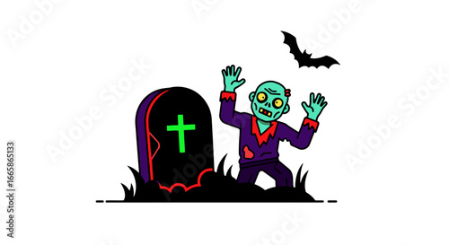 Unique Halloween Zombie Character with Festive Costume and Spooky Bat Flying in Night Scene, Horrific Monster Standing Near Gravestone for Creative Horror, Fantasy, and Holiday Themes
