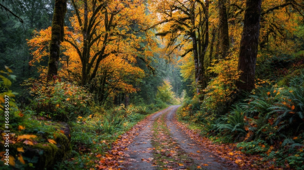 Fototapeta premium Autumnal Forest Road: Yellow and Orange Leaves, Soft Light