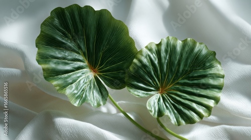 Two Green Leaves on White Fabric