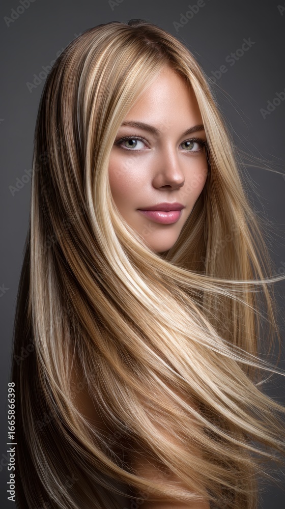 Naklejka premium Blonde woman with windswept, glossy hair posing in studio, highlighting professional hair styling and vibrant beauty treatment results