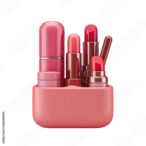 Array of pink and red lipsticks in a container. Makeup set, beauty