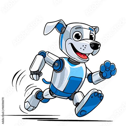 A cheerful and futuristic cartoon robot dog running with a happy, energetic expression.
