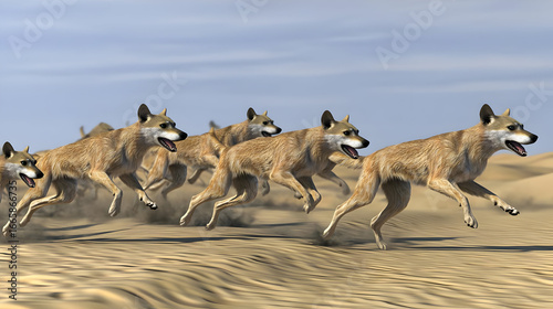 Pack Of Running Canids In Desert Landscape