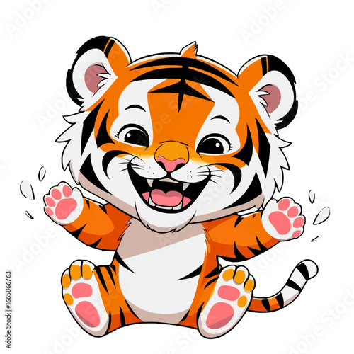 A cheerful cartoon tiger cub with open arms, smiling widely and showing joy.
