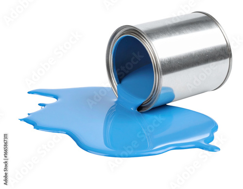 Tipped Over Paint Can with Blue Paint Spilling, isolated PNG