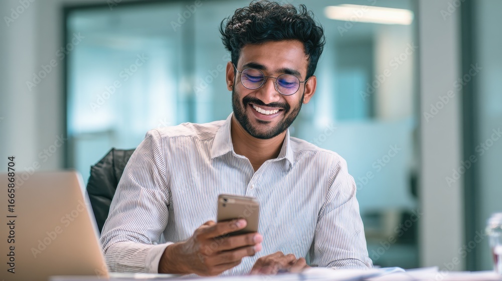 Fototapeta premium smiling indian business man using cellphone apps working in office happy arab professional businessman holding mobile phone checking finance banking application technology no logos no brands ar 169