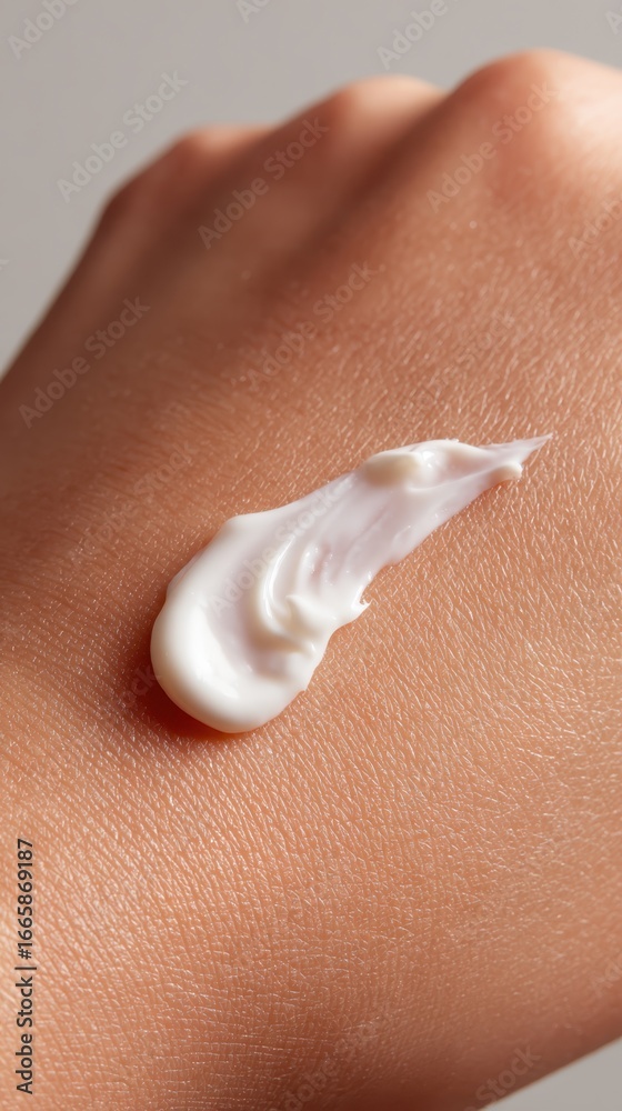 Fototapeta premium Close up of woman spreading moisturizing cream on hand, revealing smooth skincare product with hydrating and softening skin benefits
