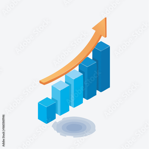 Isometric business chart showing upward trend on white surface indicating growth and success in financial market, representing positive progress.