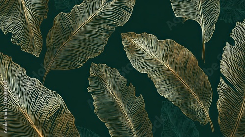 Elegant gold-outlined leaf pattern on a dark green background, creating a luxurious, botanical aesthetic