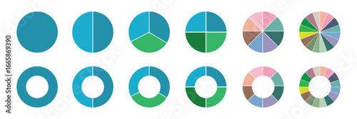 Pie chart set. Circle pie charts diagrams. Different color circles isolated. Circle section graph. Infographic element round shape. Pie chart divided equal parts. Colorful circle arrow charts.