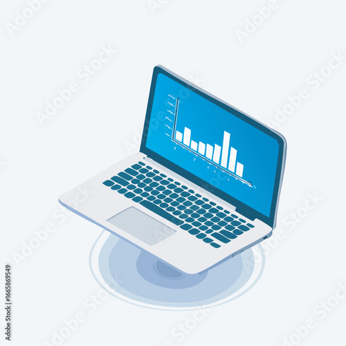Laptop displaying a bar graph floats above a circular platform in a minimalist style, representing data analysis and technological advancement.