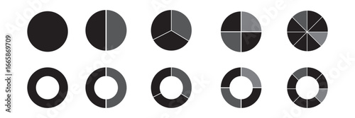 Pie charts diagram set. Circle pie charts 1,2,3,4,5,6,7,8,9,10,11,12 sections. Wheel round segment infographic part. Circle section graph. Pie charts diagrams
