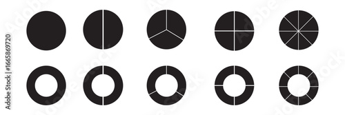 Pie chart set. Circle pie charts diagrams. Different color circles isolated. Circle section graph. Infographic element round shape. Pie chart divided equal parts. Colorful circle arrow charts.
