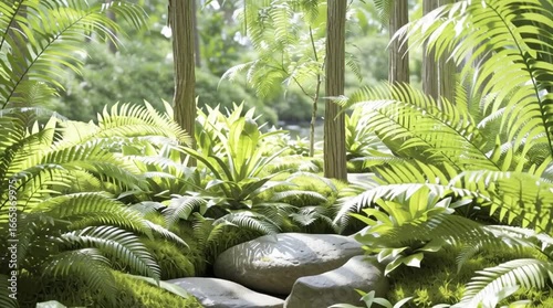 Lush Jungle Scene: A vibrant, verdant jungle scene unfolds, with dense foliage and dappled sunlight creating a serene, natural backdrop.