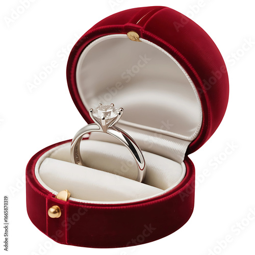 Diamond Engagement Ring in Red Velvet Box, Isolated on Transparent Background