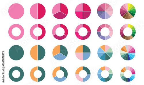 Pie chart set. Circle pie charts diagrams. Different color circles isolated. Circle section graph. Infographic element round shape. Pie chart divided equal parts. Colorful circle arrow charts.