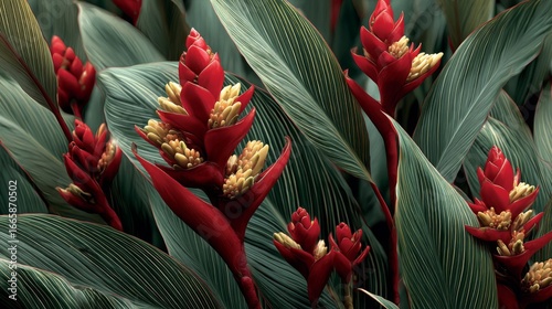 Red and Green Tropical Flowers Close Up