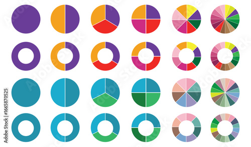 Pie chart set. Circle pie charts diagrams. Different color circles isolated. Circle section graph. Infographic element round shape. Pie chart divided equal parts. Colorful circle arrow charts.