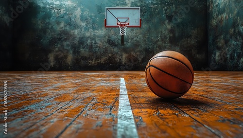 Orange basketball rests on weathered wooden court near hoop sports