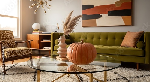 Stylish living room with green sofa pumpkin and modern decor for autumn inspiration