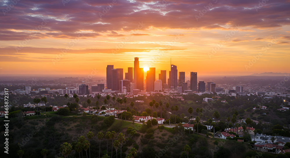 Obraz premium Los Angeles skyline at sunrise with residential areas and palm trees in the foreground. Panoramic view of the city with a dramatic sunset.