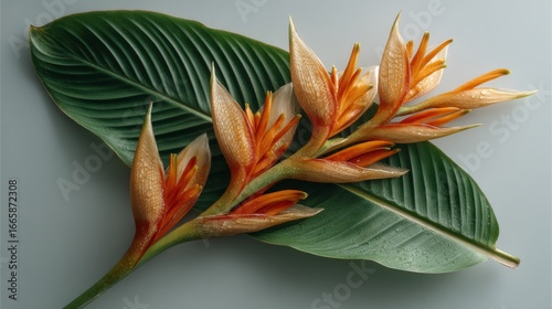 Orange and Green Tropical Flowers with Dew Drops