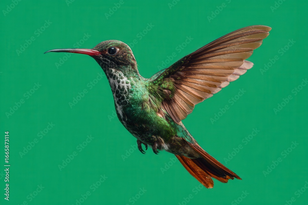 Fototapeta premium Hummingbird hovering in front of bright green screen backdrop showcasing vivid plumage and delicate features of this remarkable bird species