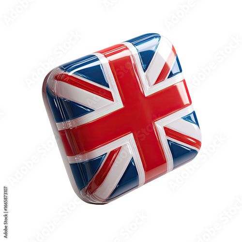 Glossy, square UK flag icon, rounded corners, against black backdrop